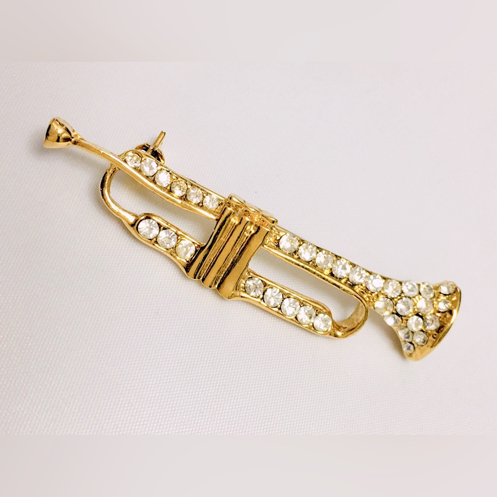 Gold Rhinestone Trumpet Brooch - Picture 2 of 5